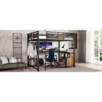 Lit mezzanine Bellemave avec bureau et rangement Tiroirs en tissu non tissé, Cadre de lit mezzanine en métal avec échelles, Silencieux, Pas besoin de sommier tapissier, Noir