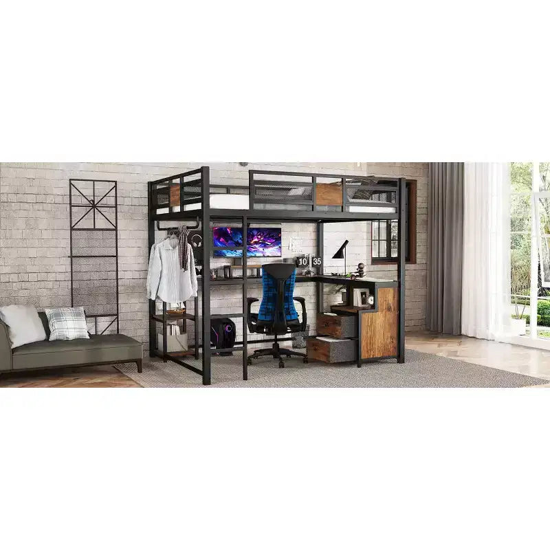 Lit mezzanine Bellemave avec bureau et rangement Tiroirs en tissu non tissé, Cadre de lit mezzanine en métal avec échelles, Silencieux, Pas besoin de sommier tapissier, Noir