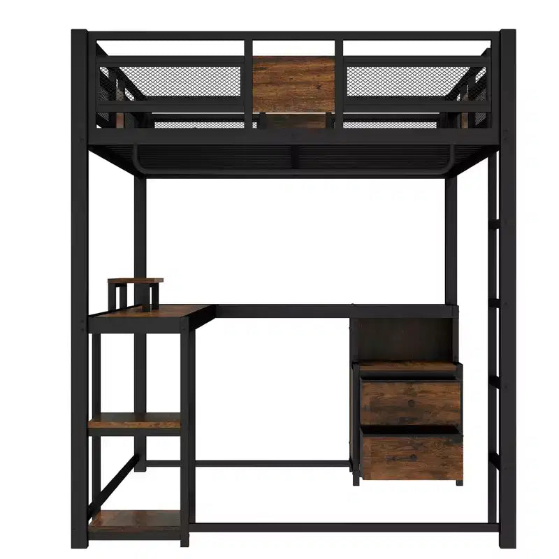 Lit mezzanine Bellemave avec bureau et rangement Tiroirs en tissu non tissé, Cadre de lit mezzanine en métal avec échelles, Silencieux, Pas besoin de sommier tapissier, Noir