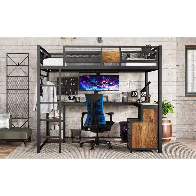 Lit mezzanine Bellemave avec bureau et rangement Tiroirs en tissu non tissé, Cadre de lit mezzanine en métal avec échelles, Silencieux, Pas besoin de sommier tapissier, Noir