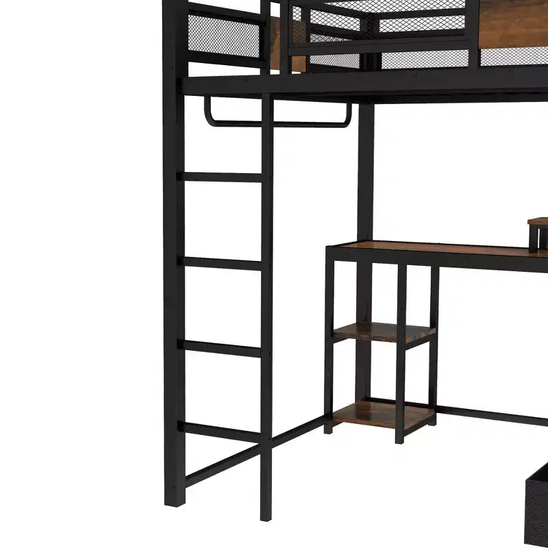 Lit mezzanine Bellemave avec bureau et rangement Tiroirs en tissu non tissé, Cadre de lit mezzanine en métal avec échelles, Silencieux, Pas besoin de sommier tapissier, Noir