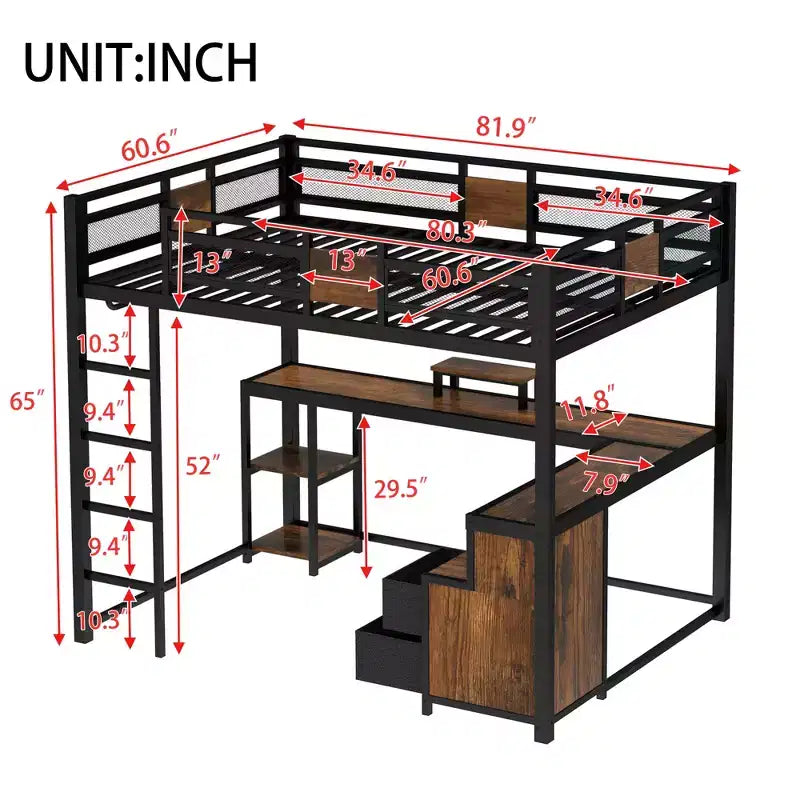 Lit mezzanine Bellemave avec bureau et rangement Tiroirs en tissu non tissé, Cadre de lit mezzanine en métal avec échelles, Silencieux, Pas besoin de sommier tapissier, Noir