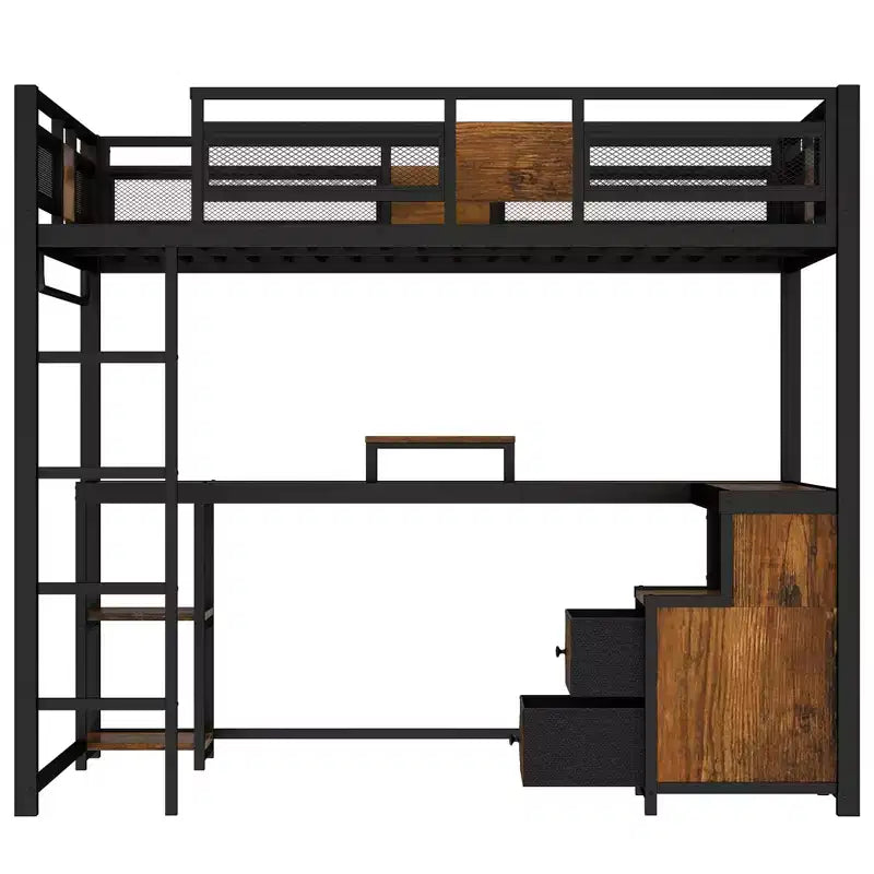 Lit mezzanine Bellemave avec bureau et rangement Tiroirs en tissu non tissé, Cadre de lit mezzanine en métal avec échelles, Silencieux, Pas besoin de sommier tapissier, Noir