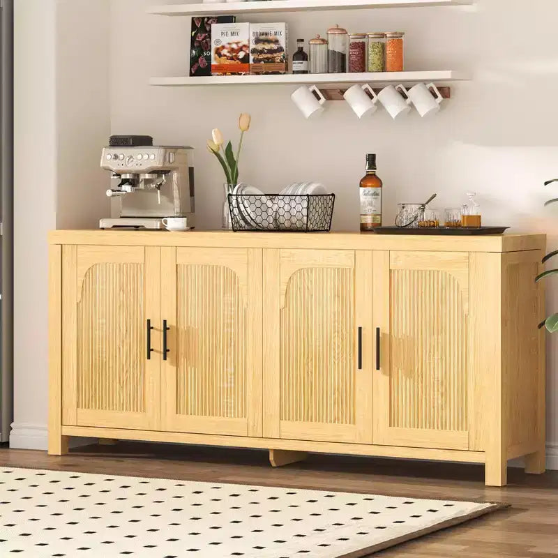 Buffet Cabinet, Sideboard with Storage  71 Modern Farmhouse Arched Fluted Design, 4 Doors with Cable Management & Adjustable Shelves, Light Oak