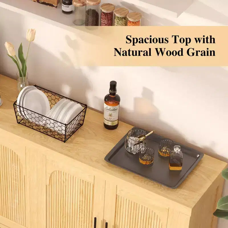 Meuble Buffet, Bahut avec Rangement 71 Design Arche et Cannelé Moderne Ferme, 4 Portes avec Passe-câbles et Étagères Réglables, Chêne Clair