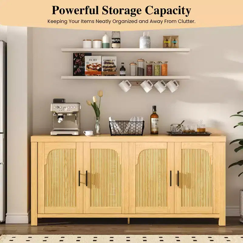 Meuble Buffet, Bahut avec Rangement 71 Design Arche et Cannelé Moderne Ferme, 4 Portes avec Passe-câbles et Étagères Réglables, Chêne Clair