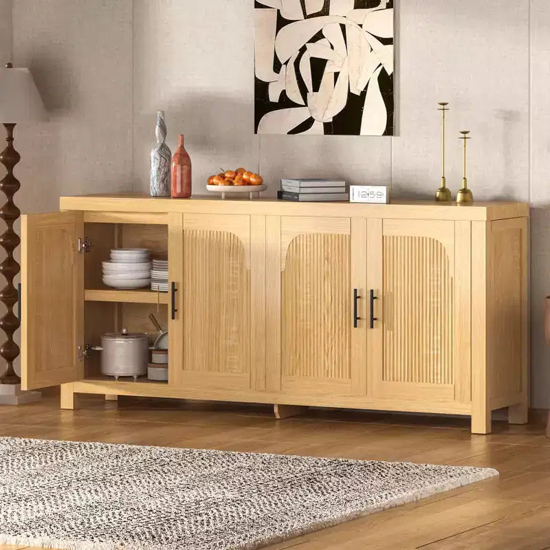 Meuble Buffet, Bahut avec Rangement 71 Design Arche et Cannelé Moderne Ferme, 4 Portes avec Passe-câbles et Étagères Réglables, Chêne Clair
