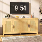 Meuble Buffet, Bahut avec Rangement 71 Design Arche et Cannelé Moderne Ferme, 4 Portes avec Passe-câbles et Étagères Réglables, Chêne Clair
