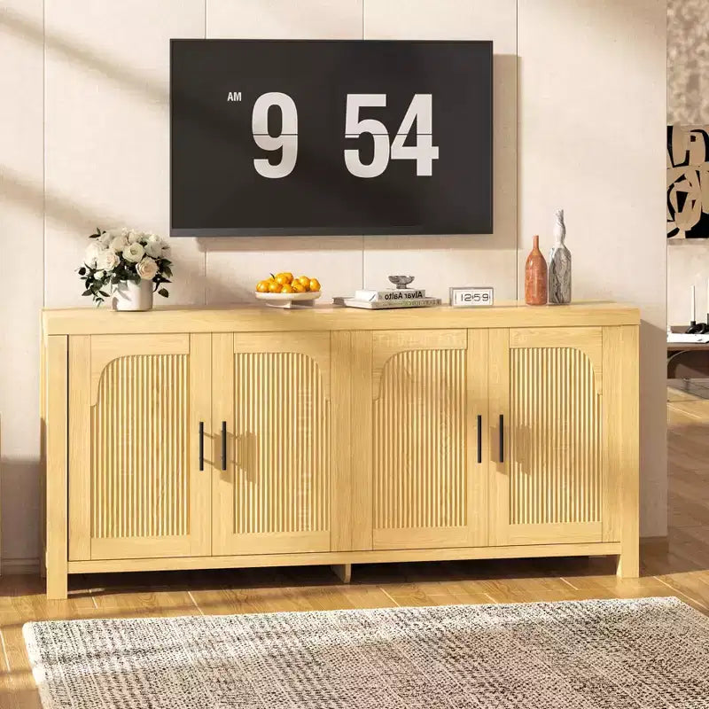 Meuble Buffet, Bahut avec Rangement 71 Design Arche et Cannelé Moderne Ferme, 4 Portes avec Passe-câbles et Étagères Réglables, Chêne Clair