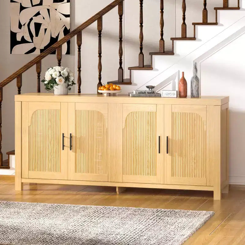 Meuble Buffet, Bahut avec Rangement 71 Design Arche et Cannelé Moderne Ferme, 4 Portes avec Passe-câbles et Étagères Réglables, Chêne Clair