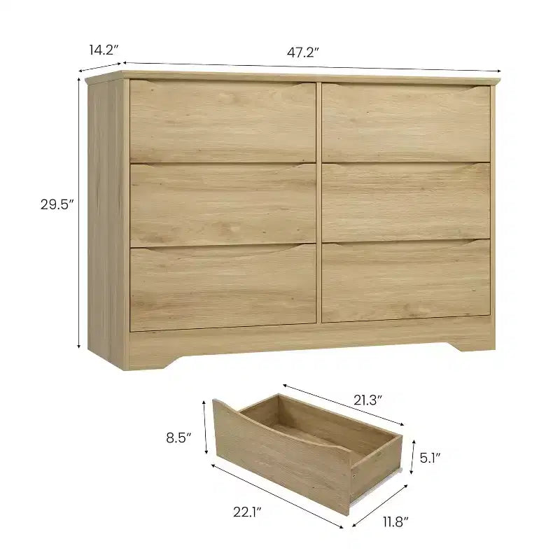 Commode moderne en bois avec 6 tiroirs profonds, grand coffre de rangement avec large surface supérieure, longue armoire de rangement pour chambre ou salon