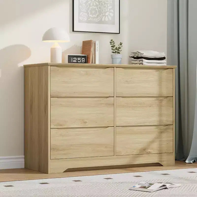 Commode moderne en bois avec 6 tiroirs profonds, grand coffre de rangement avec large surface supérieure, longue armoire de rangement pour chambre ou salon