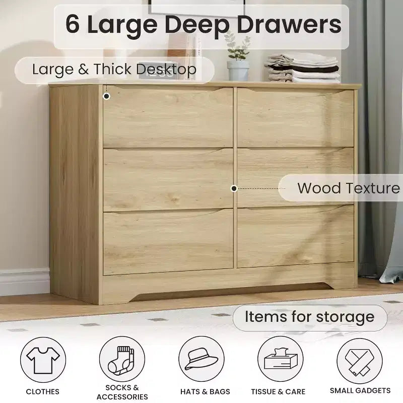 Commode moderne en bois avec 6 tiroirs profonds, grand coffre de rangement avec large surface supérieure, longue armoire de rangement pour chambre ou salon