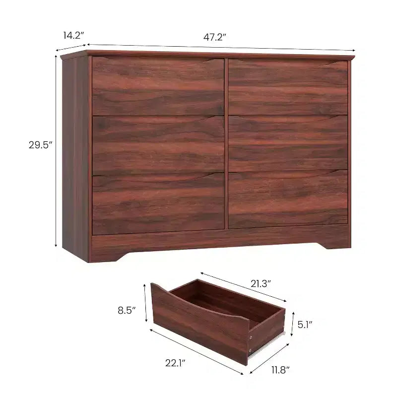 Commode moderne en bois avec 6 tiroirs profonds, grand coffre de rangement avec large surface supérieure, longue armoire de rangement pour chambre ou salon