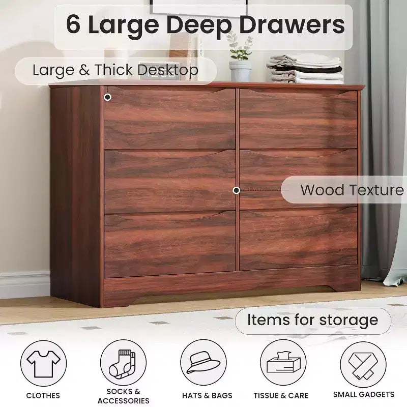 Commode moderne en bois avec 6 tiroirs profonds, grand coffre de rangement avec large surface supérieure, longue armoire de rangement pour chambre ou salon