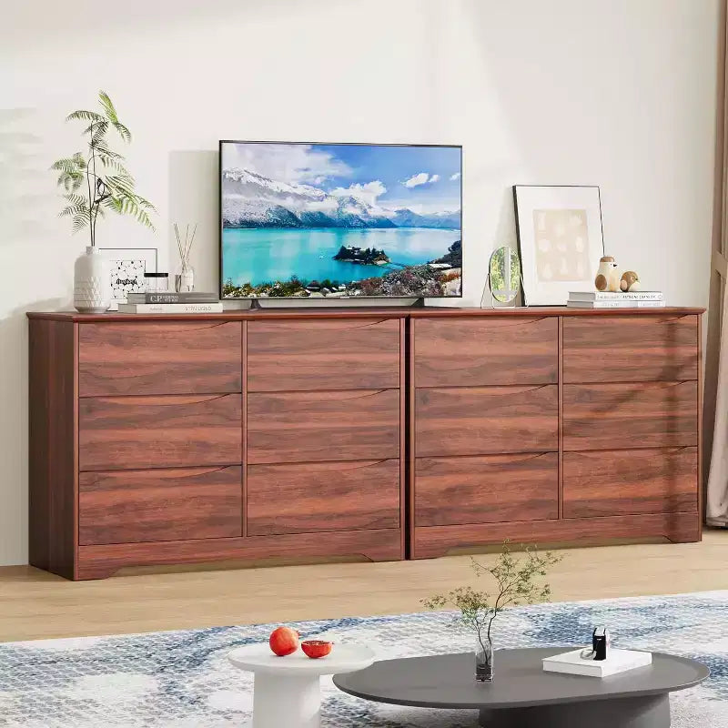 Commode moderne en bois avec 6 tiroirs profonds, grand coffre de rangement avec large surface supérieure, longue armoire de rangement pour chambre ou salon