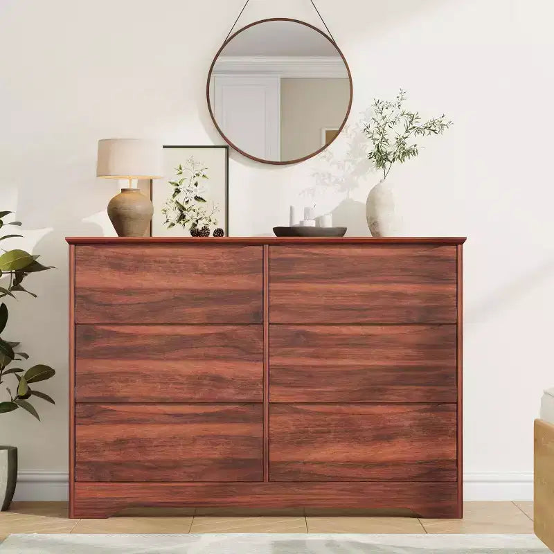 Modern Wooden Dresser with 6 Deep Drawers, Large Storage Chest with Wide Top Surface, Long Bedroom or Living Room Organizer Cabinet