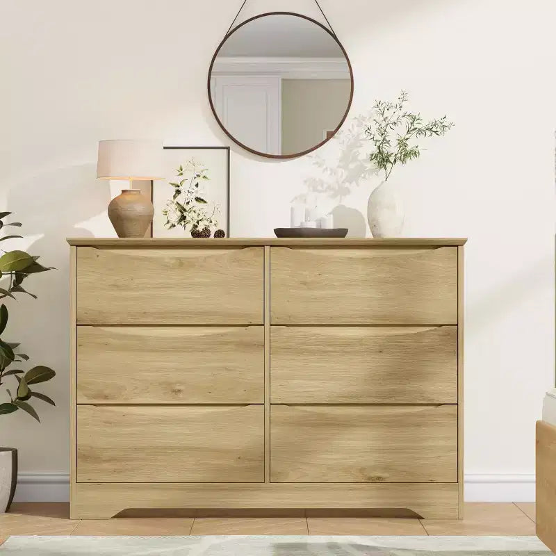 Commode moderne en bois avec 6 tiroirs profonds, grand coffre de rangement avec large surface supérieure, longue armoire de rangement pour chambre ou salon