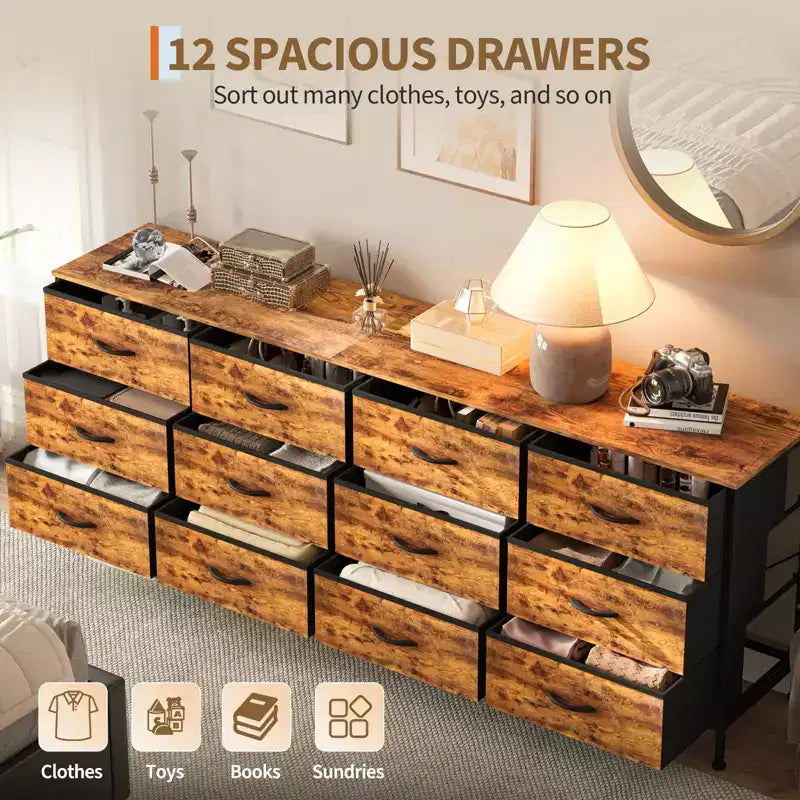 Meuble TV de 70 po avec 12 tiroirs en tissu et station de recharge, long meuble de divertissement pour téléviseur jusqu'à 80 po, table console multimédia pour salon