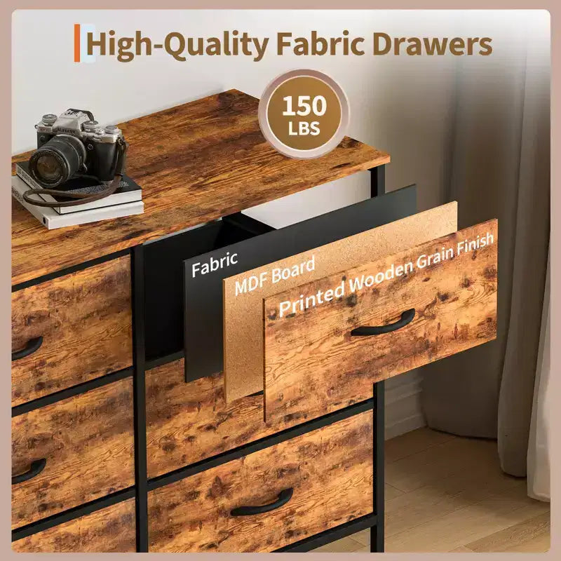 Meuble TV de 70 po avec 12 tiroirs en tissu et station de recharge, long meuble de divertissement pour téléviseur jusqu'à 80 po, table console multimédia pour salon