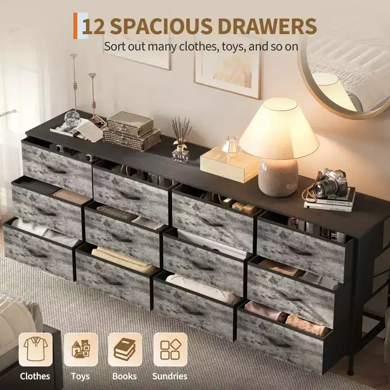 Meuble TV de 70 po avec 12 tiroirs en tissu et station de recharge, long meuble de divertissement pour téléviseur jusqu'à 80 po, table console multimédia pour salon