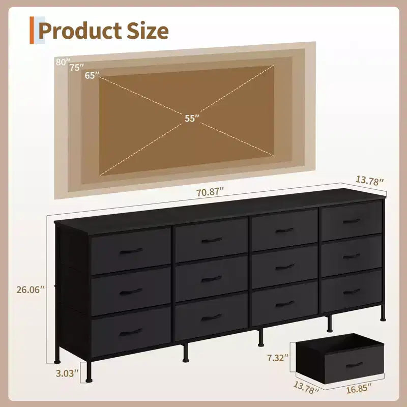 Meuble TV de 70 po avec 12 tiroirs en tissu et station de recharge, long meuble de divertissement pour téléviseur jusqu'à 80 po, table console multimédia pour salon