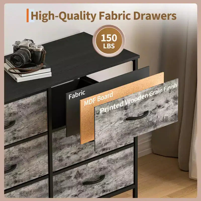 Meuble TV de 70 po avec 12 tiroirs en tissu et station de recharge, long meuble de divertissement pour téléviseur jusqu'à 80 po, table console multimédia pour salon