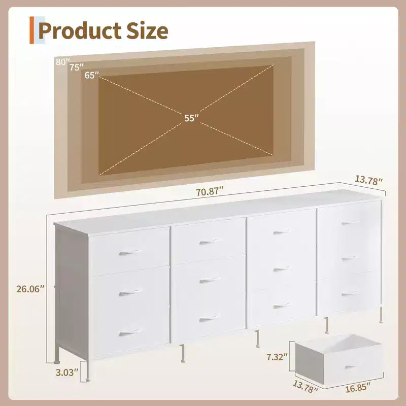 Meuble TV de 70 po avec 12 tiroirs en tissu et station de recharge, long meuble de divertissement pour téléviseur jusqu'à 80 po, table console multimédia pour salon