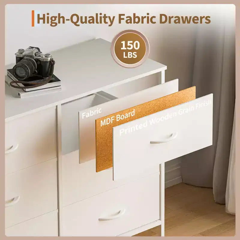 Meuble TV de 70 po avec 12 tiroirs en tissu et station de recharge, long meuble de divertissement pour téléviseur jusqu'à 80 po, table console multimédia pour salon