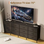 Meuble TV de 70 po avec 12 tiroirs en tissu et station de recharge, long meuble de divertissement pour téléviseur jusqu'à 80 po, table console multimédia pour salon