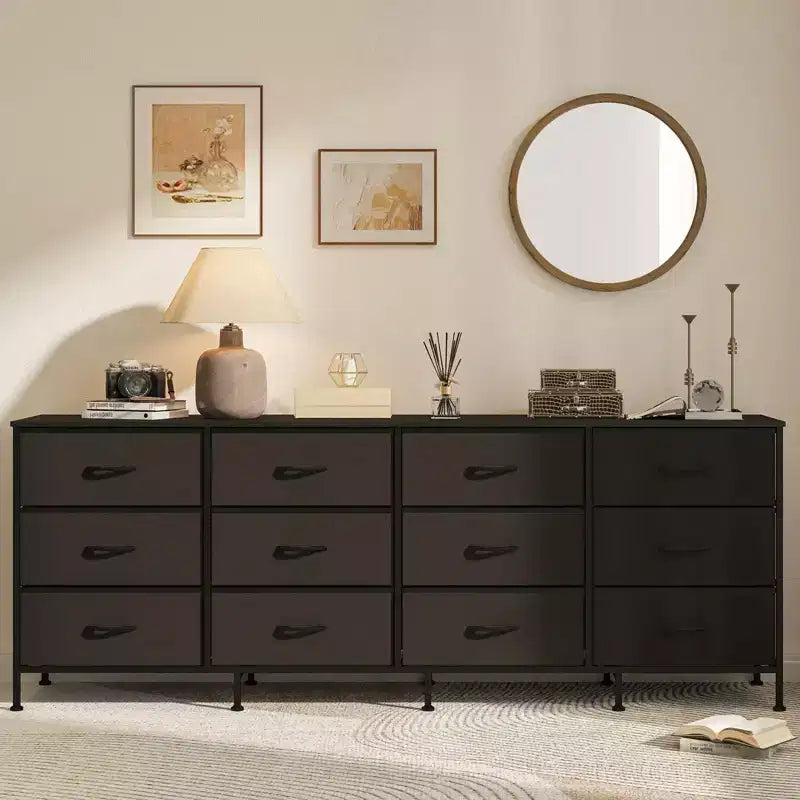 Meuble TV de 70 po avec 12 tiroirs en tissu et station de recharge, long meuble de divertissement pour téléviseur jusqu'à 80 po, table console multimédia pour salon