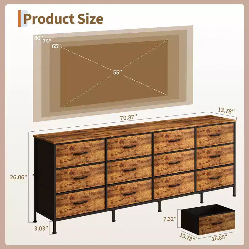 Meuble TV de 70 po avec 12 tiroirs en tissu et station de recharge, long meuble de divertissement pour téléviseur jusqu'à 80 po, table console multimédia pour salon