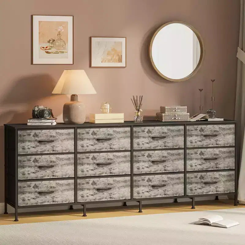 Meuble TV de 70 po avec 12 tiroirs en tissu et station de recharge, long meuble de divertissement pour téléviseur jusqu'à 80 po, table console multimédia pour salon