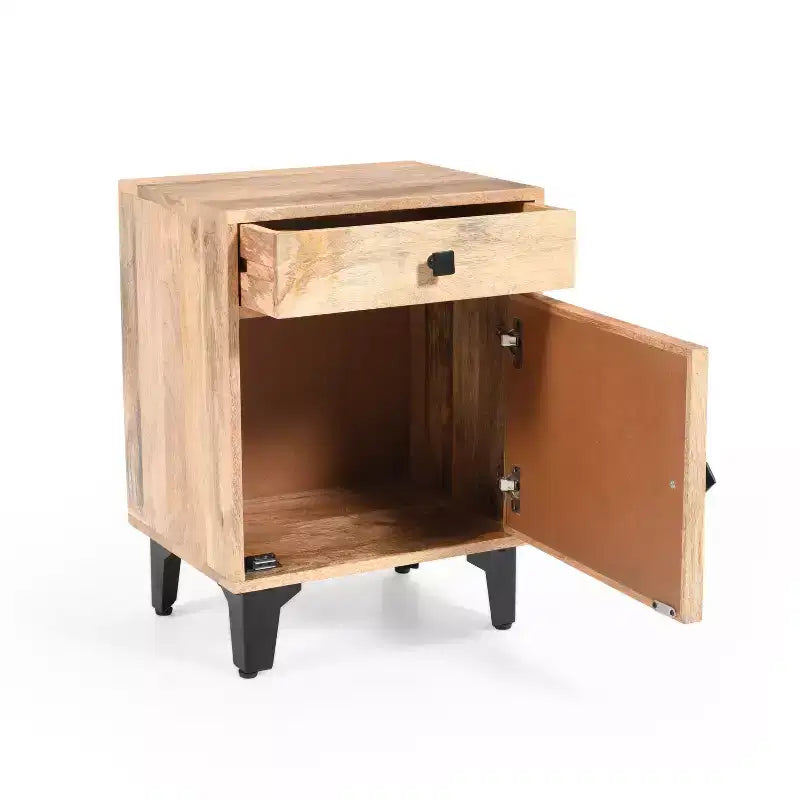 Table de chevet vintage avec LED/veilleuse, tiroir de rangement, porte d'armoire, bois massif 18.00 (N758P194731X)