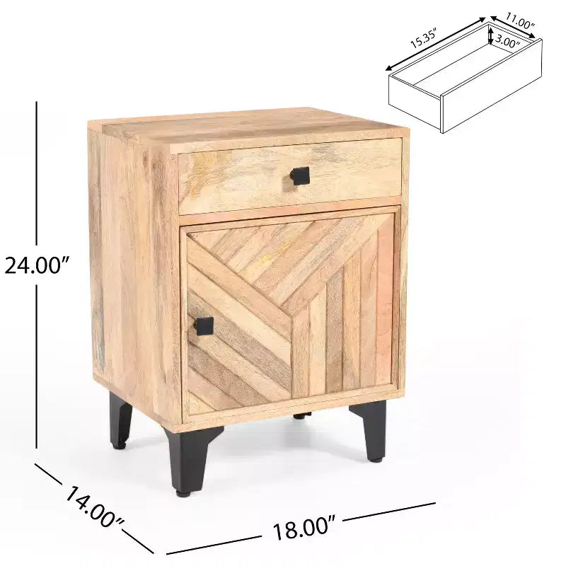 Table de chevet vintage avec LED/veilleuse, tiroir de rangement, porte d'armoire, bois massif 18.00 (N758P194731X)