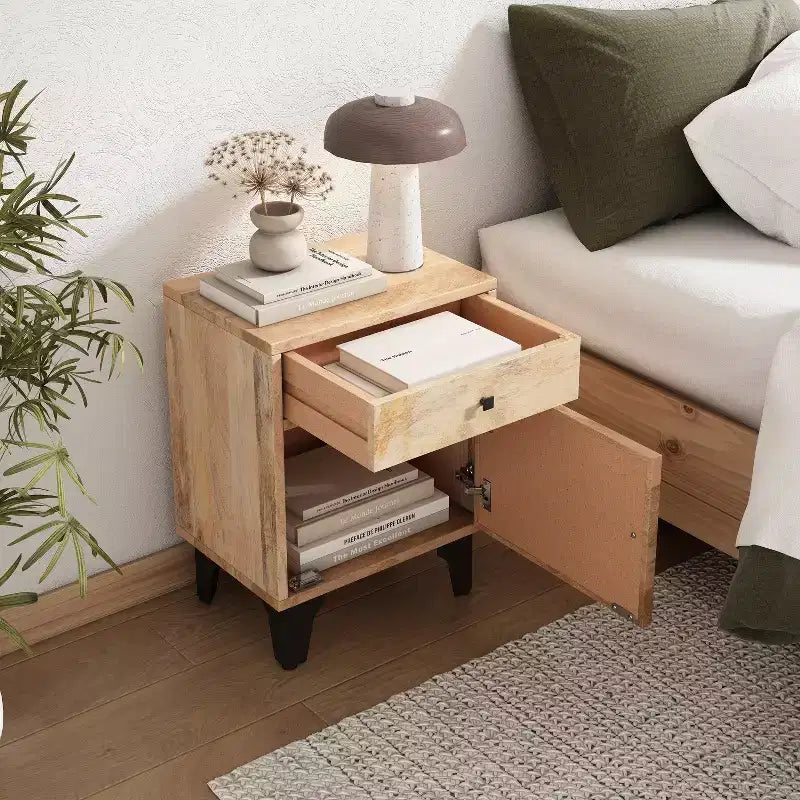 Table de chevet vintage avec LED/veilleuse, tiroir de rangement, porte d'armoire, bois massif 18.00 (N758P194731X)