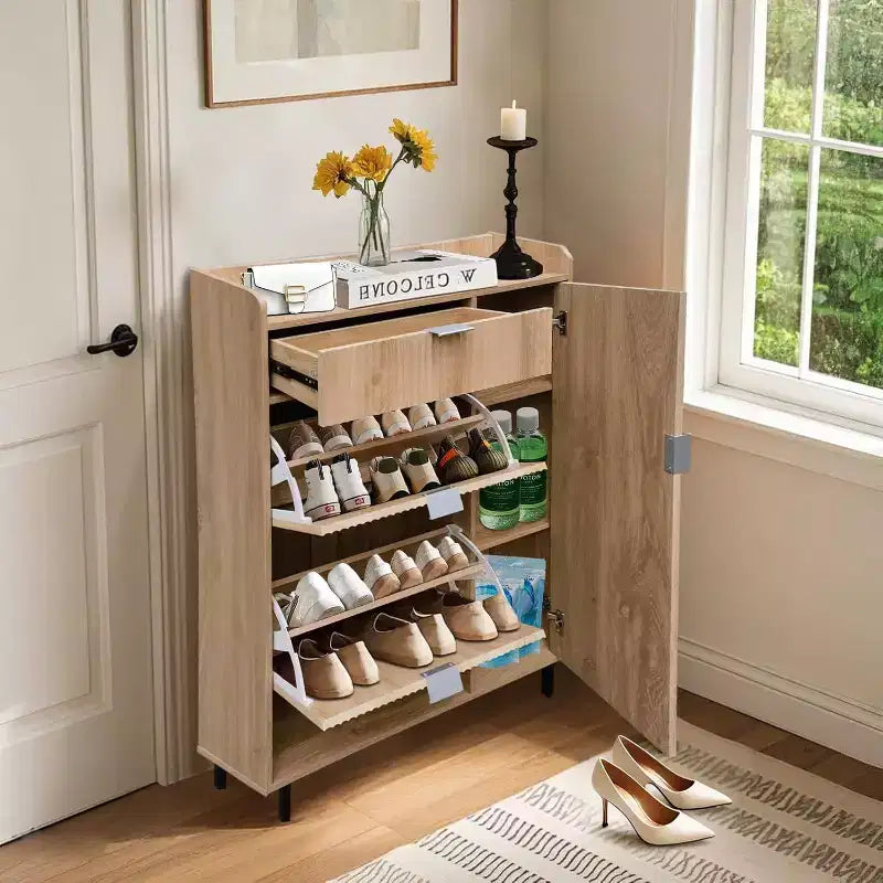 Meuble à chaussures avec 4 tiroirs basculants, simple et élégant, cadre en bois autoportant, adapté aux entrées, couloirs et vestibules, chêne.