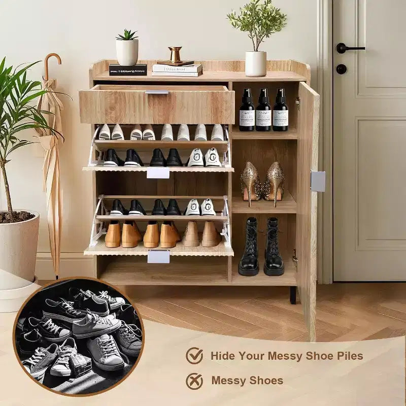 Meuble à chaussures avec 4 tiroirs basculants, simple et élégant, cadre en bois autoportant, adapté aux entrées, couloirs et vestibules, chêne.