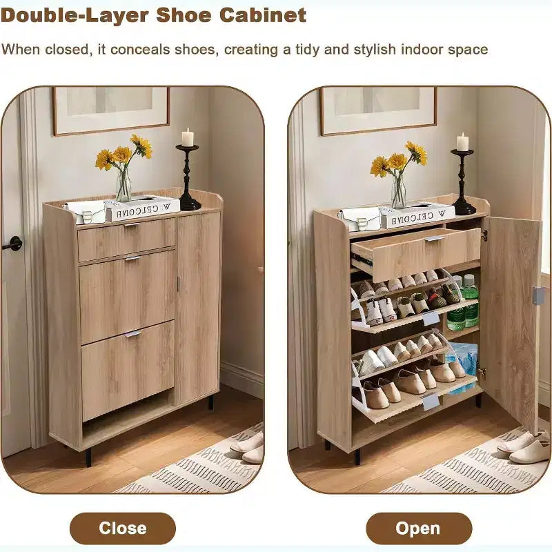 Meuble à chaussures avec 4 tiroirs basculants, simple et élégant, cadre en bois autoportant, adapté aux entrées, couloirs et vestibules, chêne.