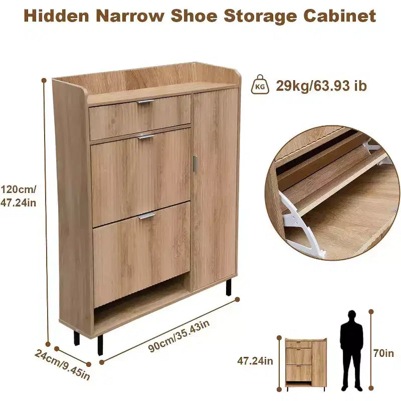 Meuble à chaussures avec 4 tiroirs basculants, simple et élégant, cadre en bois autoportant, adapté aux entrées, couloirs et vestibules, chêne.