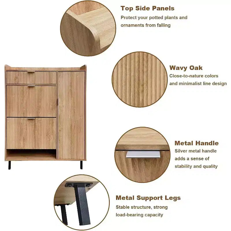 Meuble à chaussures avec 4 tiroirs basculants, simple et élégant, cadre en bois autoportant, adapté aux entrées, couloirs et vestibules, chêne.