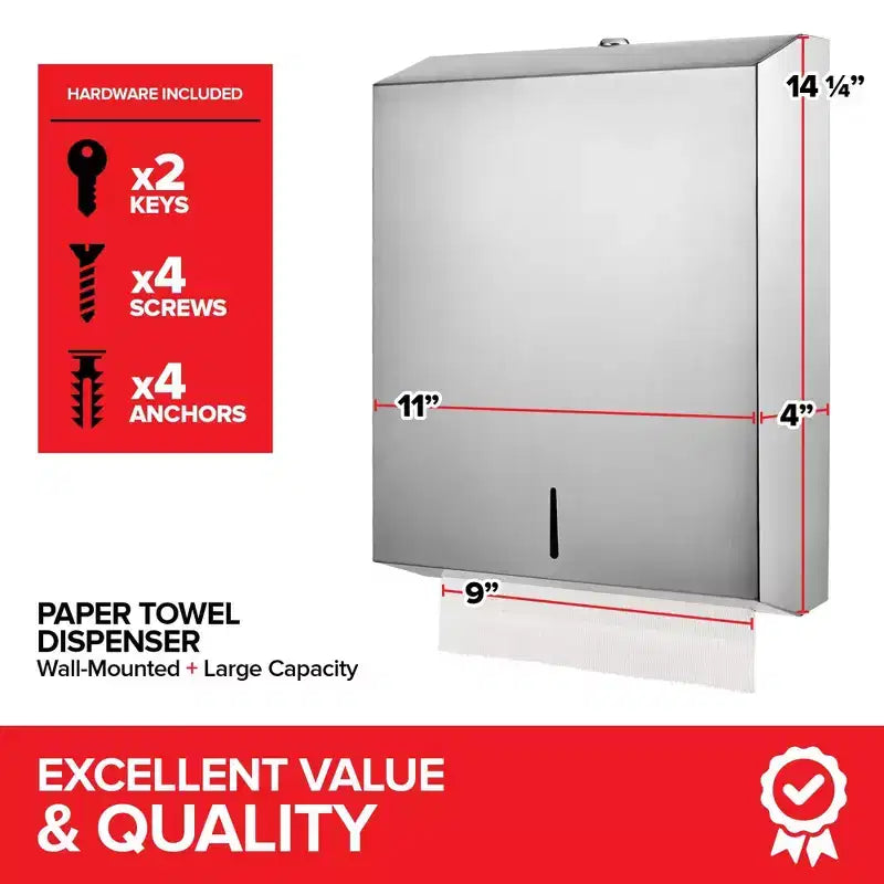 Distributeur d'essuie-tout mural grande capacité en acier inoxydable – Porte-serviettes pour salles de bain et cuisines – Distributeur commercial pouvant contenir 400 serviettes