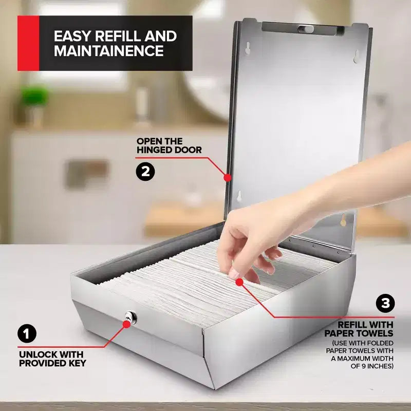 Distributeur d'essuie-tout mural grande capacité en acier inoxydable – Porte-serviettes pour salles de bain et cuisines – Distributeur commercial pouvant contenir 400 serviettes