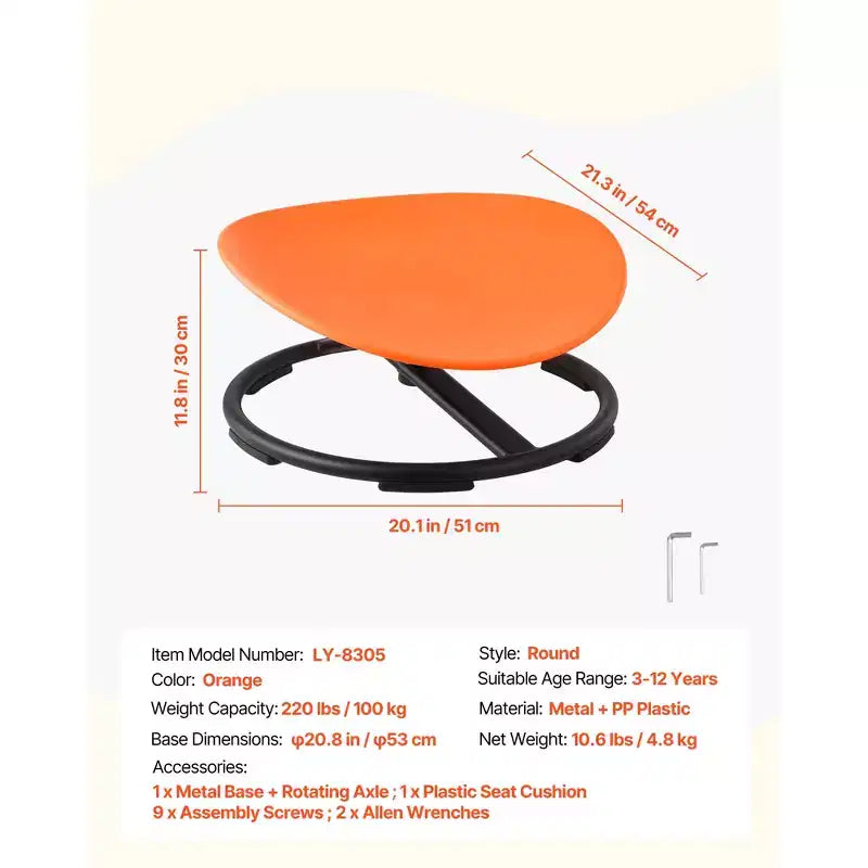 VEVOR Chaise Pivotante pour Enfants, Capacité 100 kg, Siège Jouet Sensoriel pour Enfants Autistes avec Base Métallique Antidérapante, Siège Rond Pivotant pour Tout-Petits, Orange
