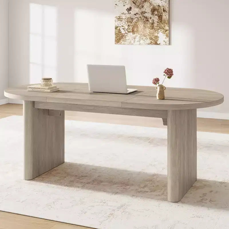 Coolmee 70.8 Table à manger ovale de style campagnard pour 6-8 personnes, table de cuisine avec base en bois épais pour appartements et repas de famille