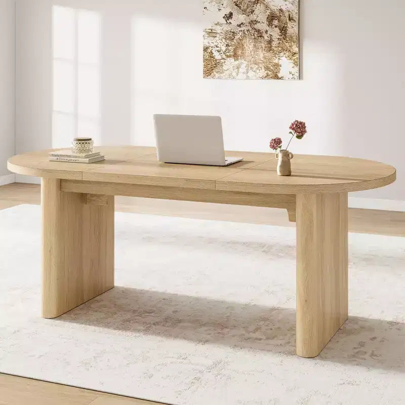 Coolmee 70.8 Table à manger ovale de style campagnard pour 6-8 personnes, table de cuisine avec base en bois épais pour appartements et repas de famille