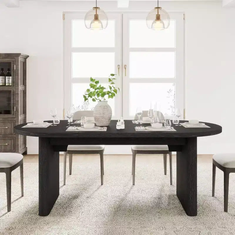 Coolmee 70.8 Table à manger ovale de style campagnard pour 6-8 personnes, table de cuisine avec base en bois épais pour appartements et repas de famille