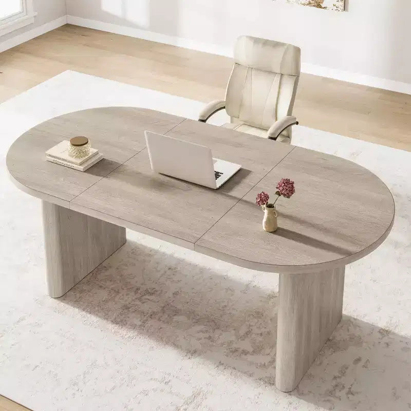 Coolmee 70.8 Table à manger ovale de style campagnard pour 6-8 personnes, table de cuisine avec base en bois épais pour appartements et repas de famille