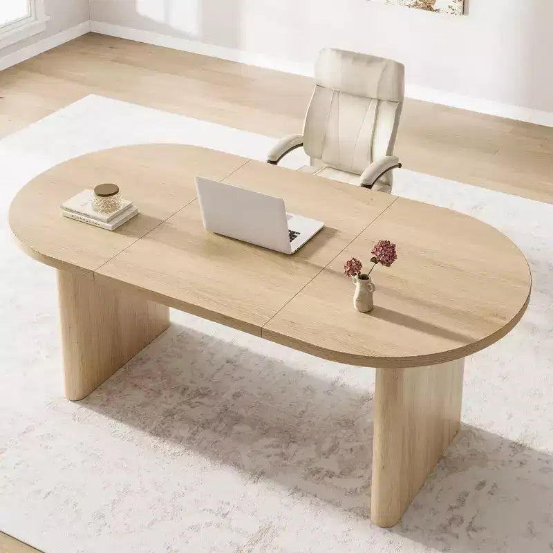 Coolmee 70.8 Table à manger ovale de style campagnard pour 6-8 personnes, table de cuisine avec base en bois épais pour appartements et repas de famille