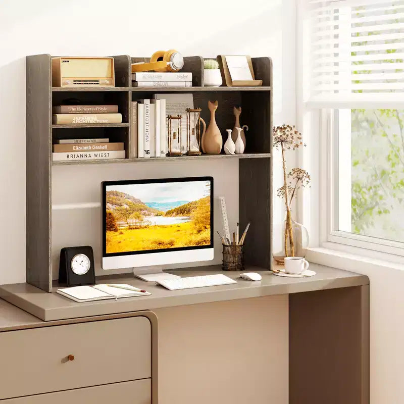 Costway Étagère de bureau à 3 niveaux avec 6 compartiments, organiseur de bureau pour ordinateur, Marron rustique/Gris/Naturel/Blanc/Beige